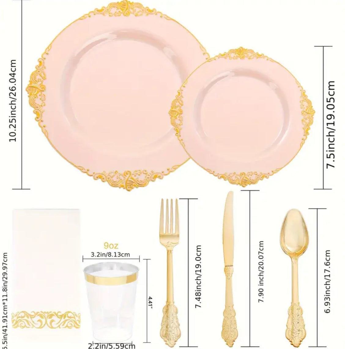 Pretty Pink and Gold Plastic Plates - Plastic Dinnerware Sets for 50 Guests, 350 pcs