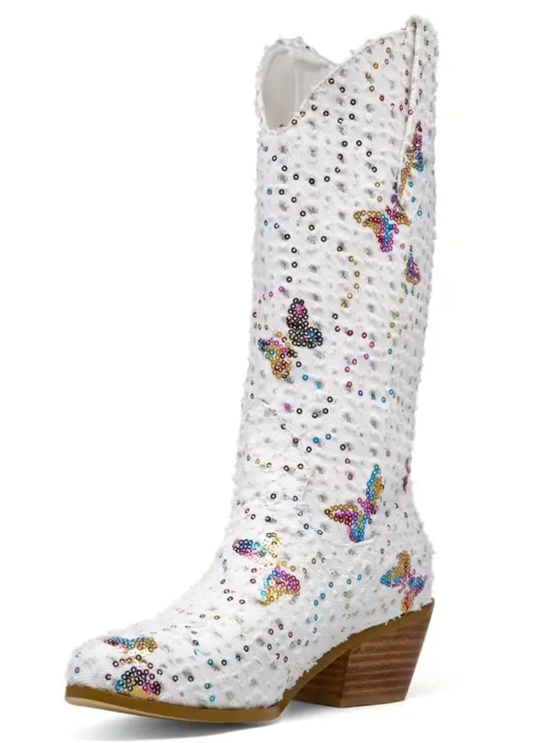 Women's “Sequin & Butterfly” Denim White Cowgirl Boots