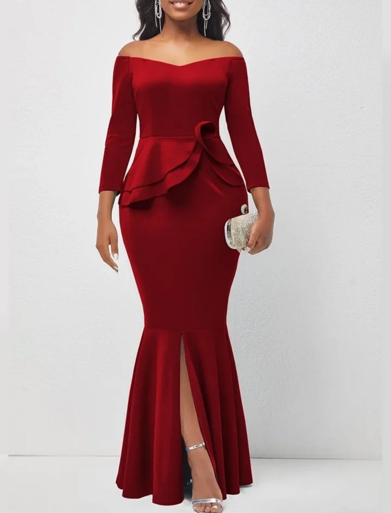 Off Shoulder, Ruffled Split Evening Dress, Up to 2XL