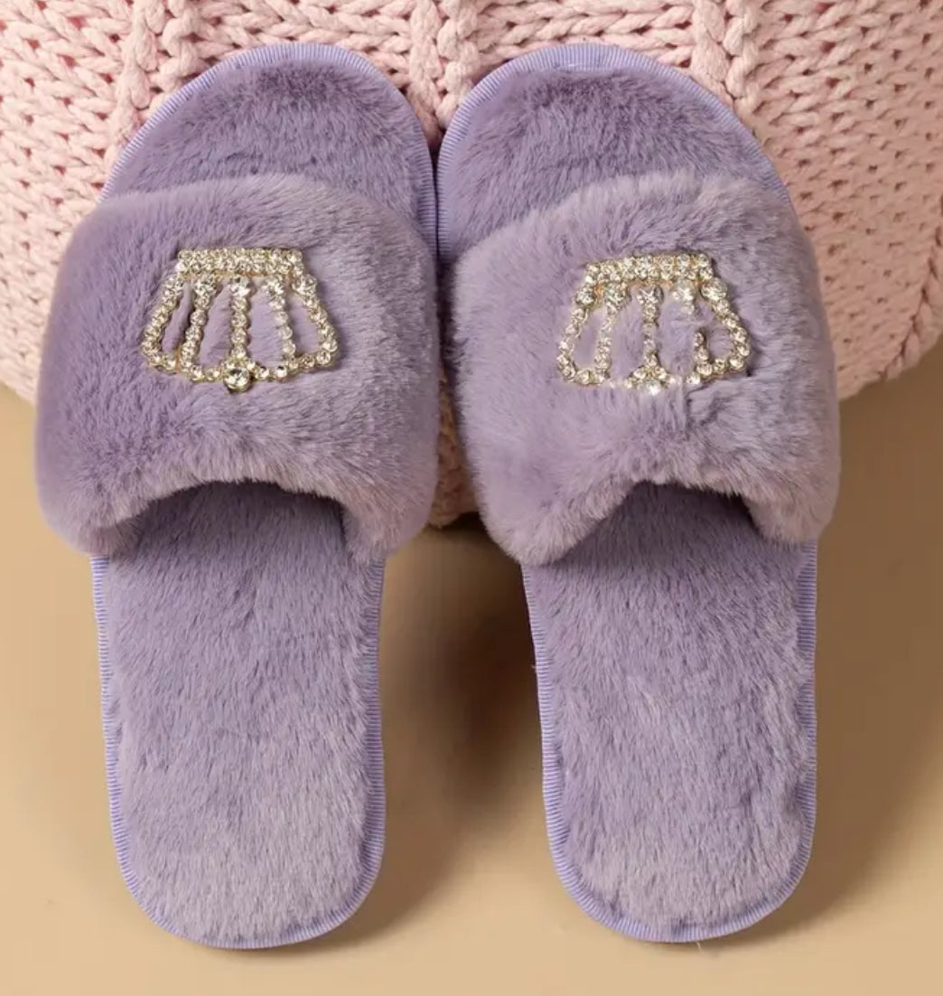 Cozy & Fuzzy “Rhinestone Crown Plush Slippers” Open Toe Soft Sole