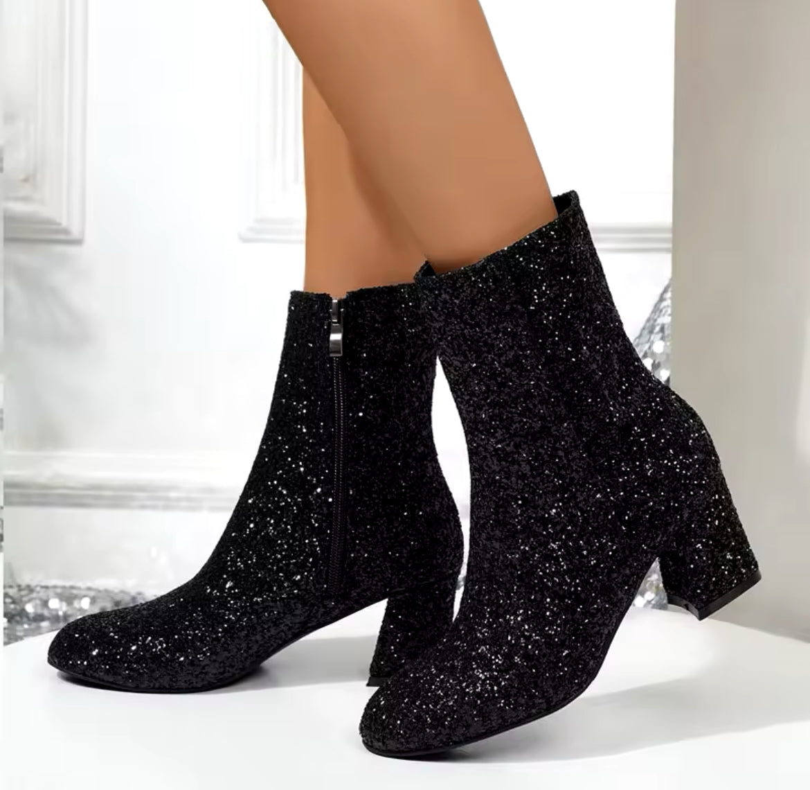 “Beverly Glitter” Round Toe, Chunky Heels Ankle Boots