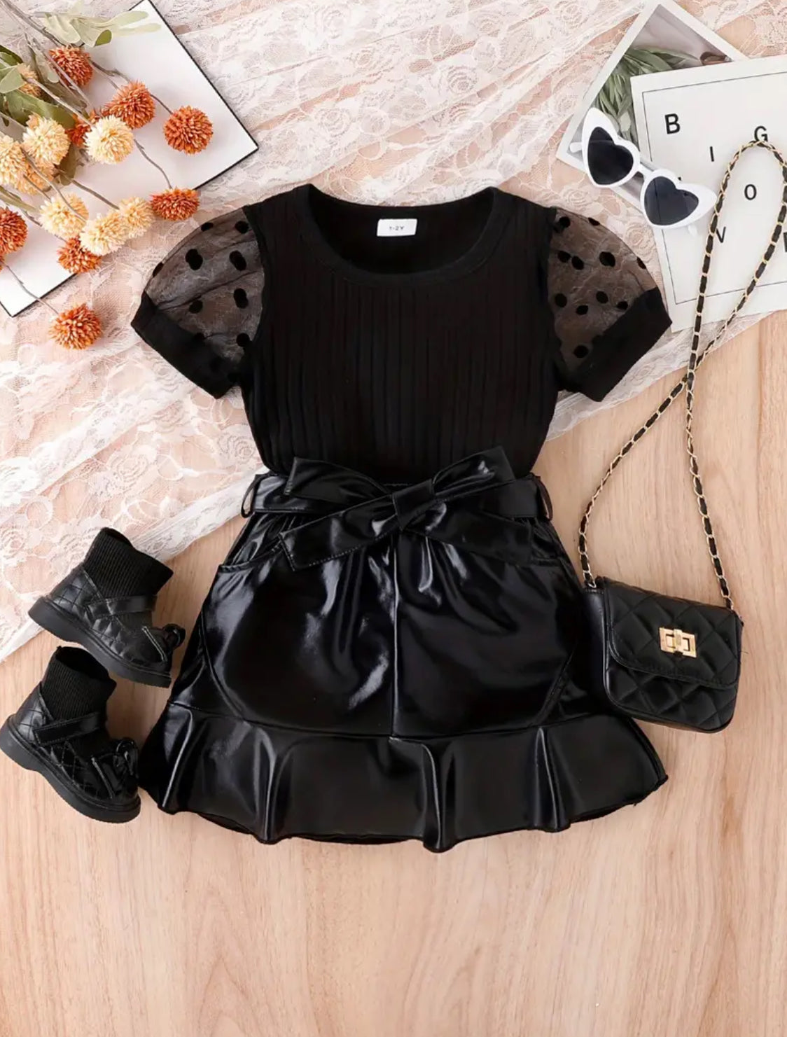 Polka Dot Print Splicing Mesh Sleeve Blouse + Faux Leather Ruffle Hem Skirt Set, For Girls