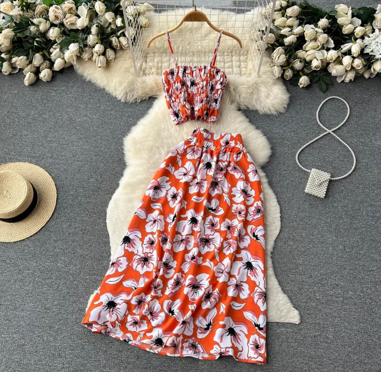 Floral Two Piece, Zipper Design Slim Tank Top+ A Line Long Skirt Vintage Bohemian Beach Sets