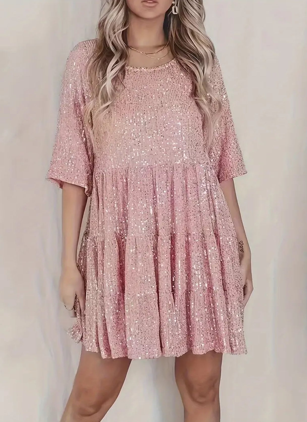 “Starry” Stunning Sequined Crew Neck Loose Fit Dress, Elegant Half Sleeve, Flowy, Comfortable