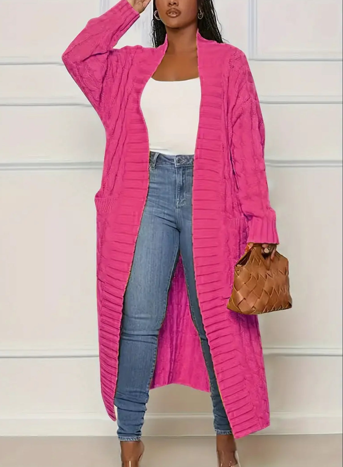 Posh 💋 Mommies Collection Plus Size Casual, Cable Knitted Long Sleeve, Open Front Medium Stretch Cardigan