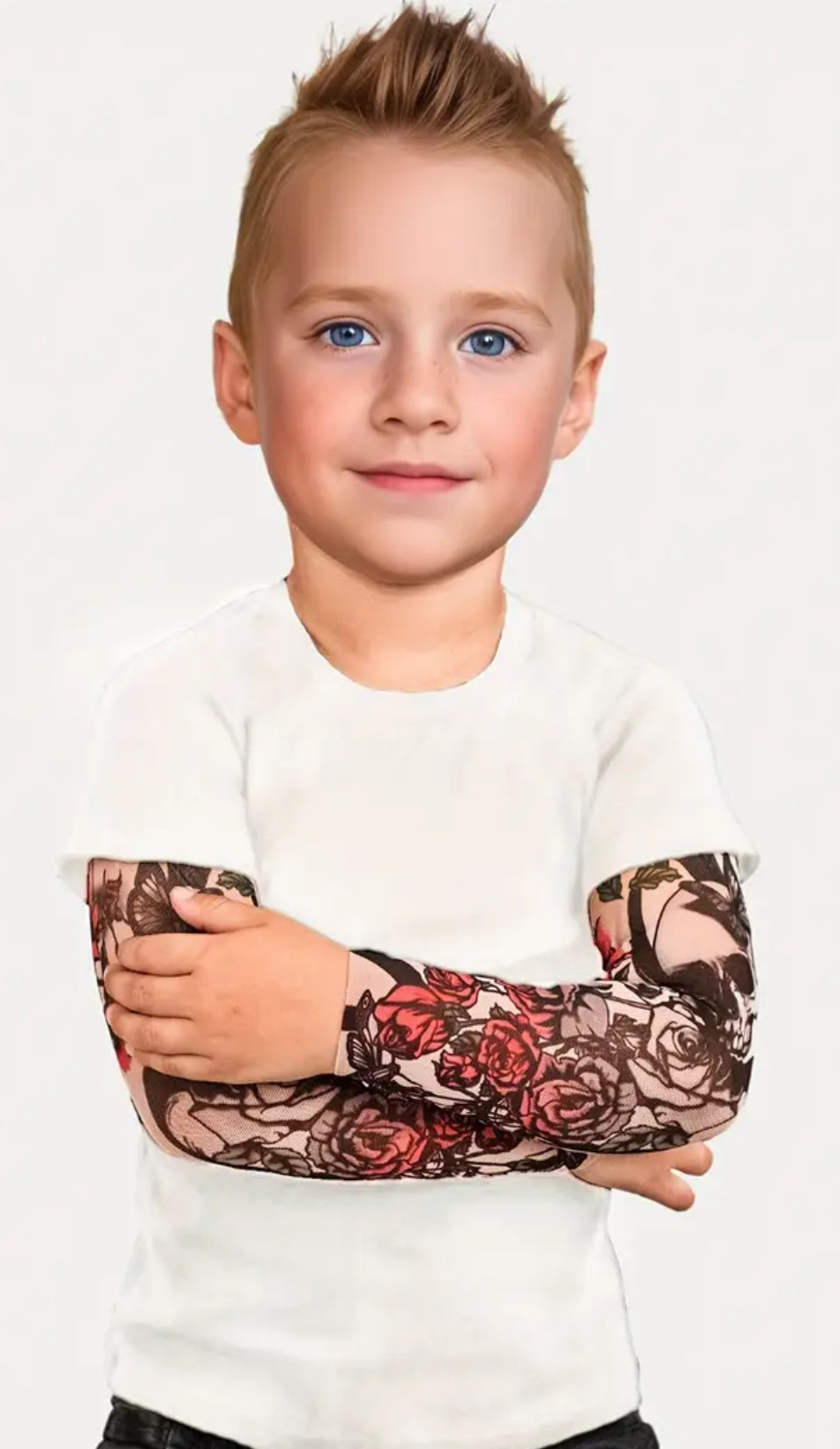 Stylish Faux, Two-piece Tattoo Pattern, Long Sleeve T-shirt For Boy's