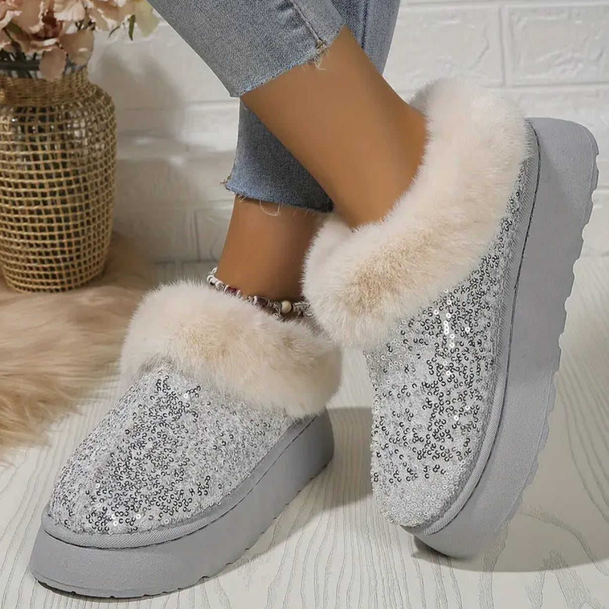 Women's Sequin Fur Lined Winter Warm Slip-On, In Door-Outdoor Slippers