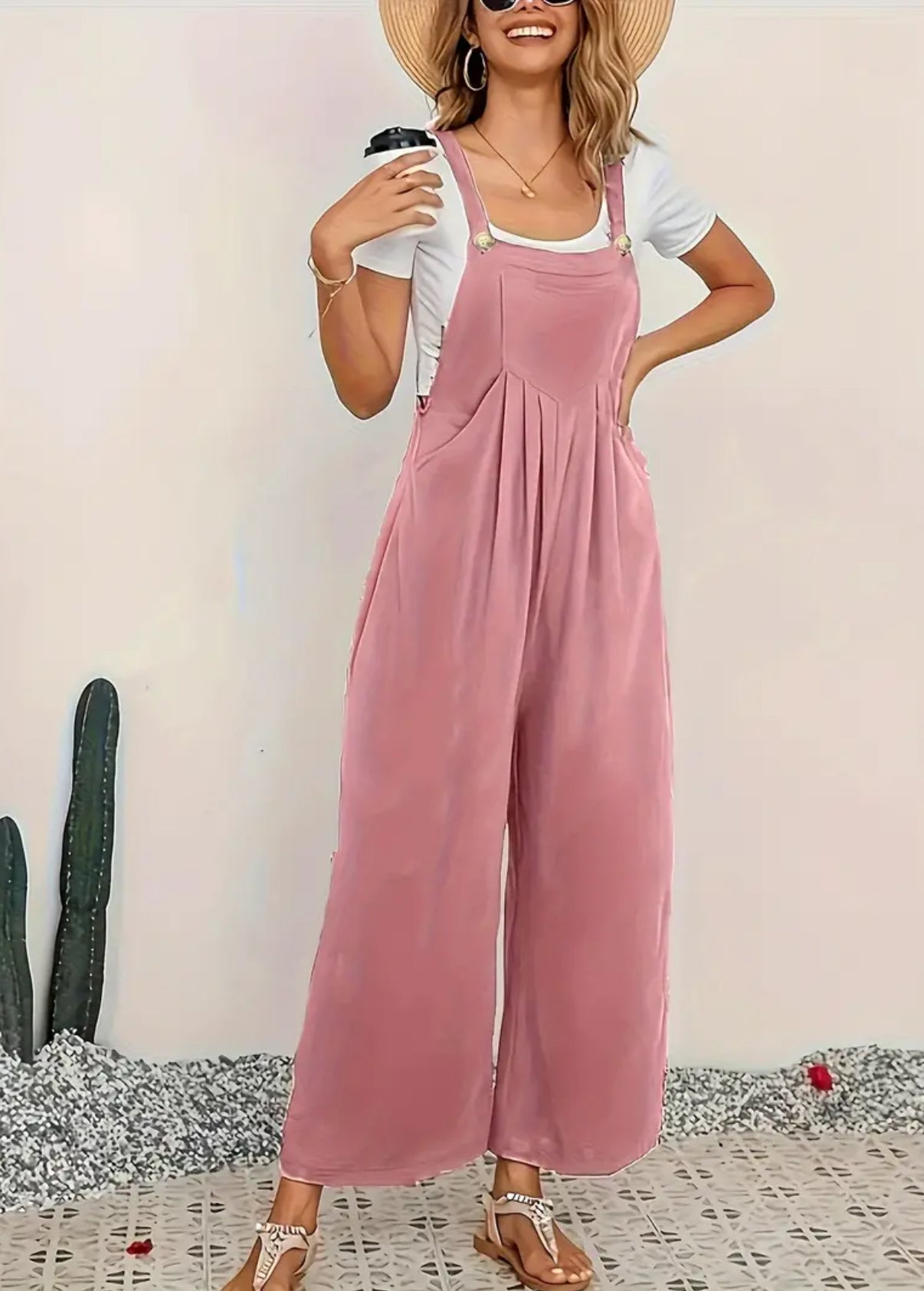 Casual Button Overall Jumpsuit, Wide Leg, Women’s