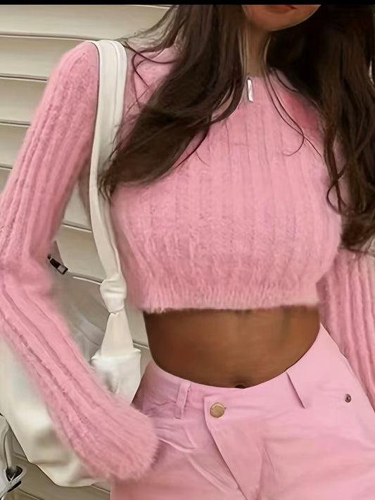 Pink & Pretty Y2K Solid Crew Neck Crop Sweater