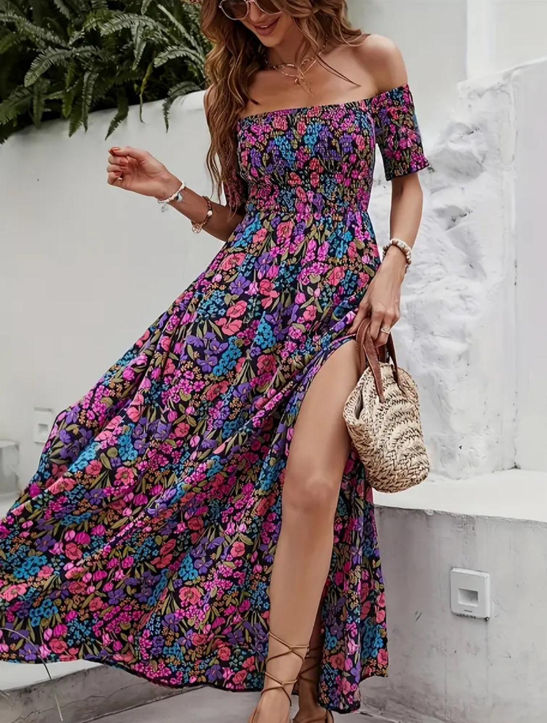 “Floral Fantasy” Off Shoulder Dress, Elegant Backless Shirred Short Sleeve Split Dress