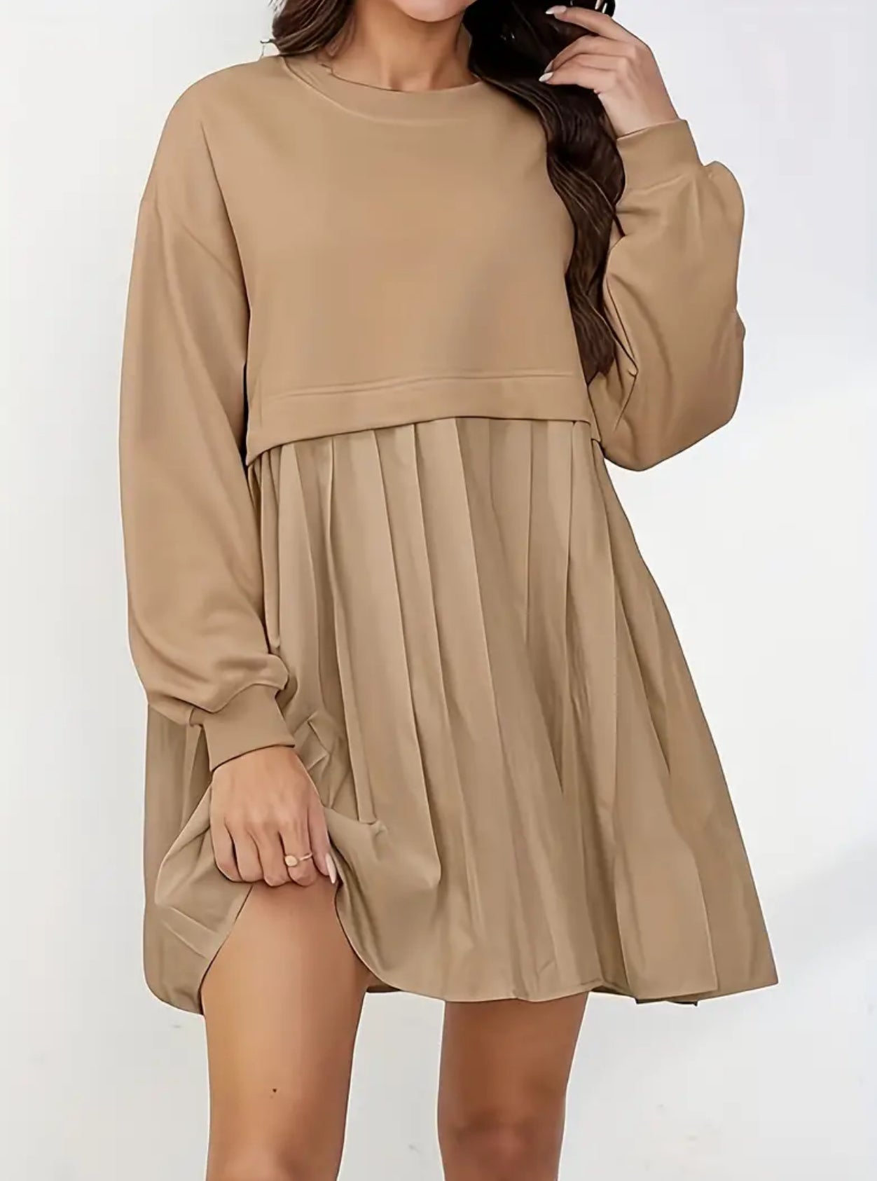 Timeless, Drop Shoulder Solid Loose, Pleated Long Sleeve Dress