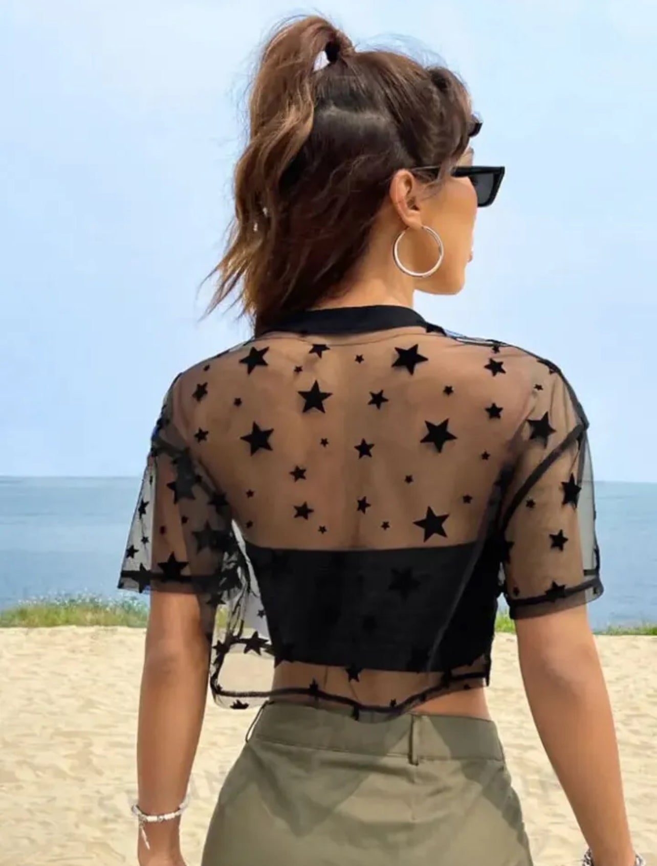 “Star” Drop Shoulder Crop Mesh Top