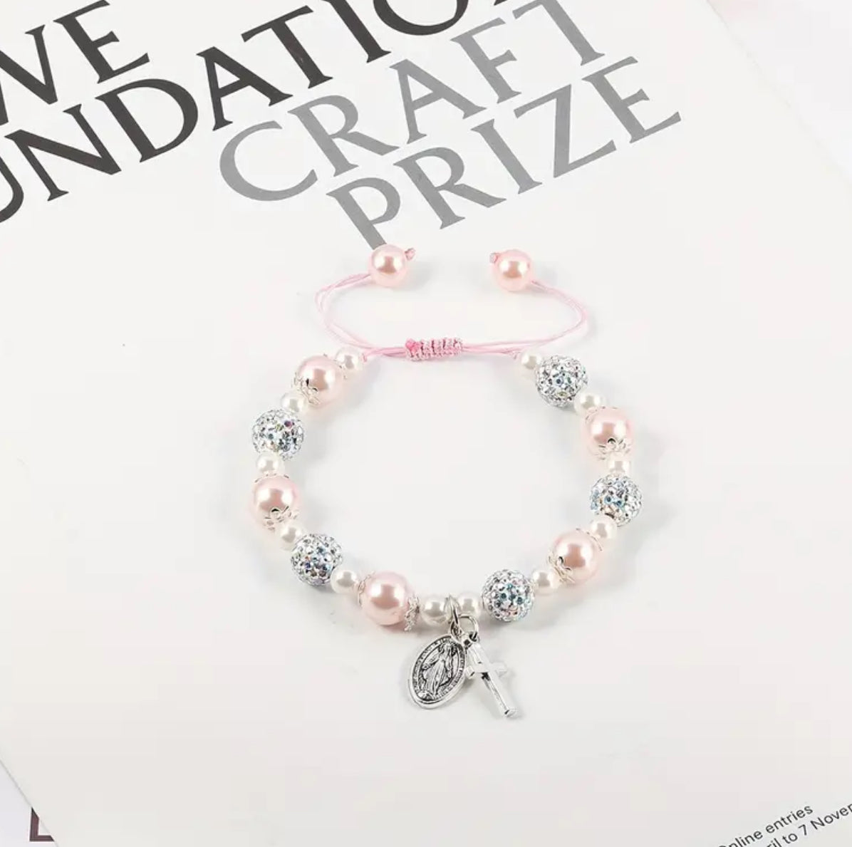 1pc White/ Pink Crystal Beads, Adjustable Hand String Bracelet, First Communion Gift Card, Youth