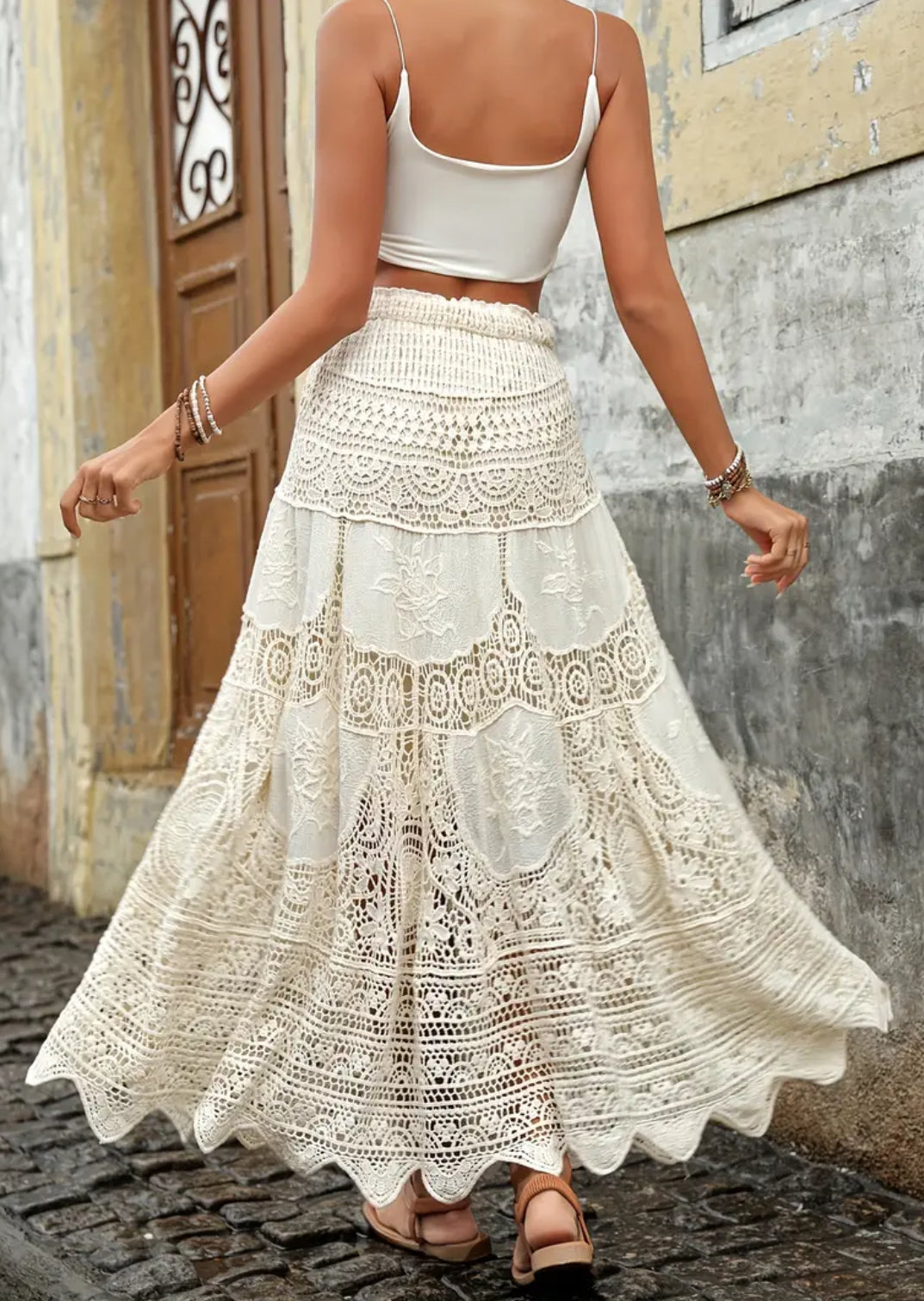 Lace Smock Waist Skirt, Casual Solid A-line Skirt 🕊️