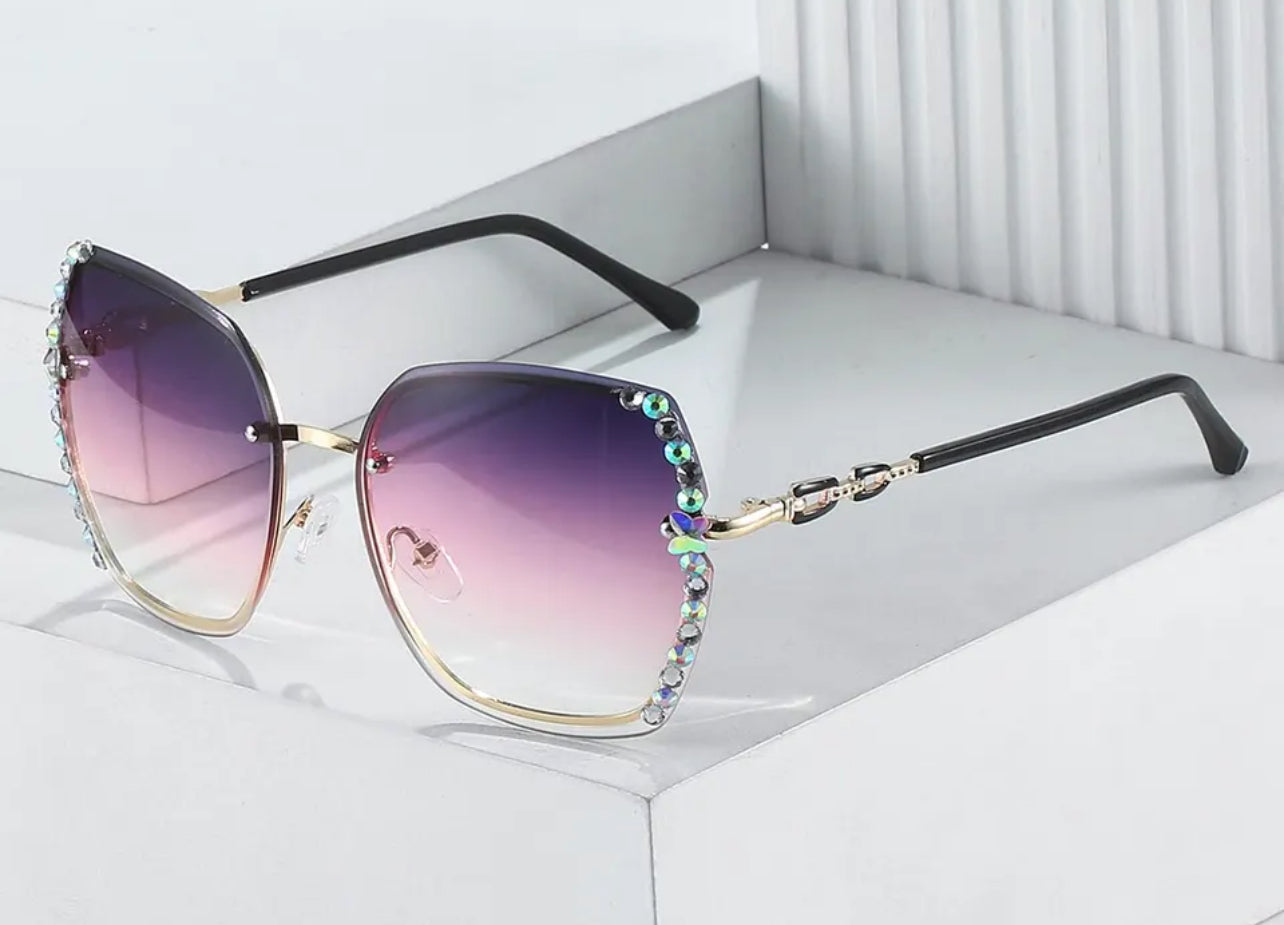 Rhinestone Rimless Fashion Sunglasses, Casual Gradient UV400