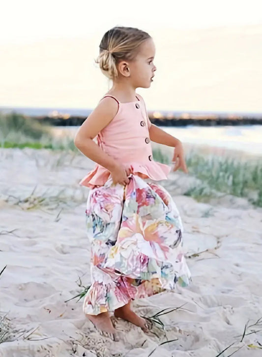 Girls 🌸 2pcs Sling Ruffle Hem Top & Long Floral High Waist Skirt