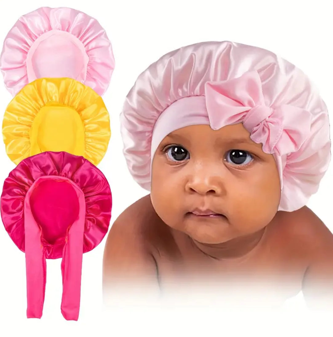 Silky Satin 3pcs Elastic Bonnet Nightcaps for Children