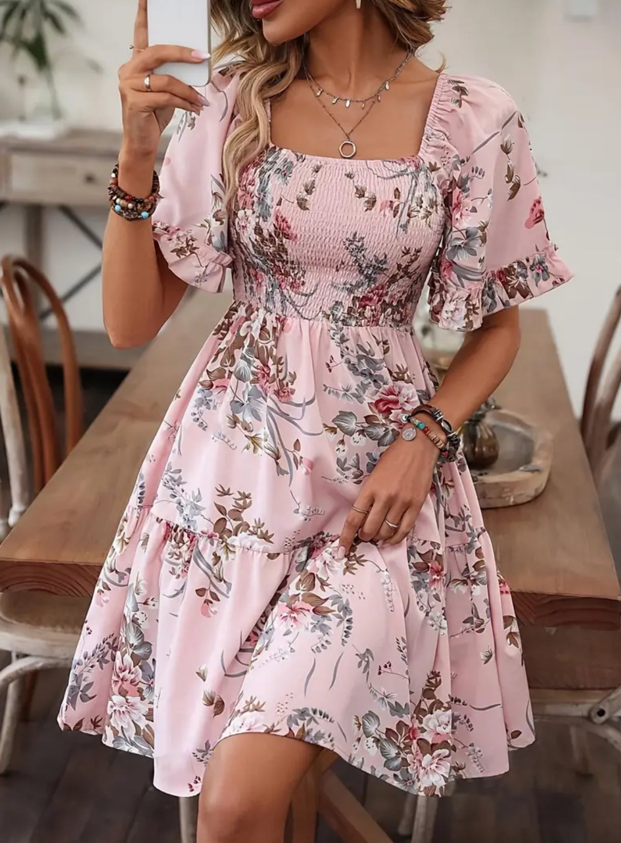 “Bouquets” Floral Print Dress, Ruffle Sleeve