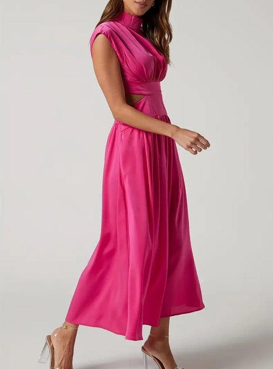 Solid Cut Out Waist, Mock Neck Dress, Elegant Sleeveless Maxi Dress