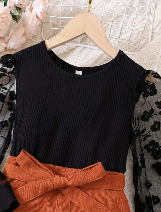 2pcs, Girl's Elegant Outfit, Mesh Sleeve Top & Corduroy Skirt