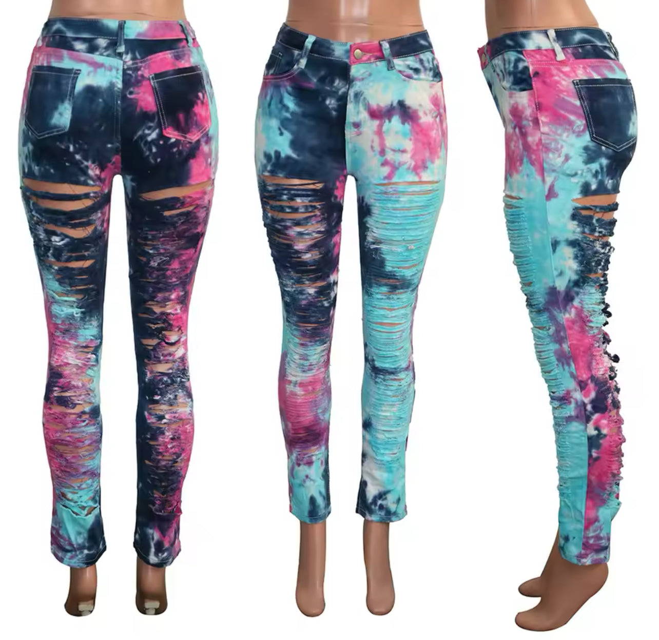 Pantalones vaqueros rasgados con estampado tie dye, corte lápiz y calados (solo pantalones)