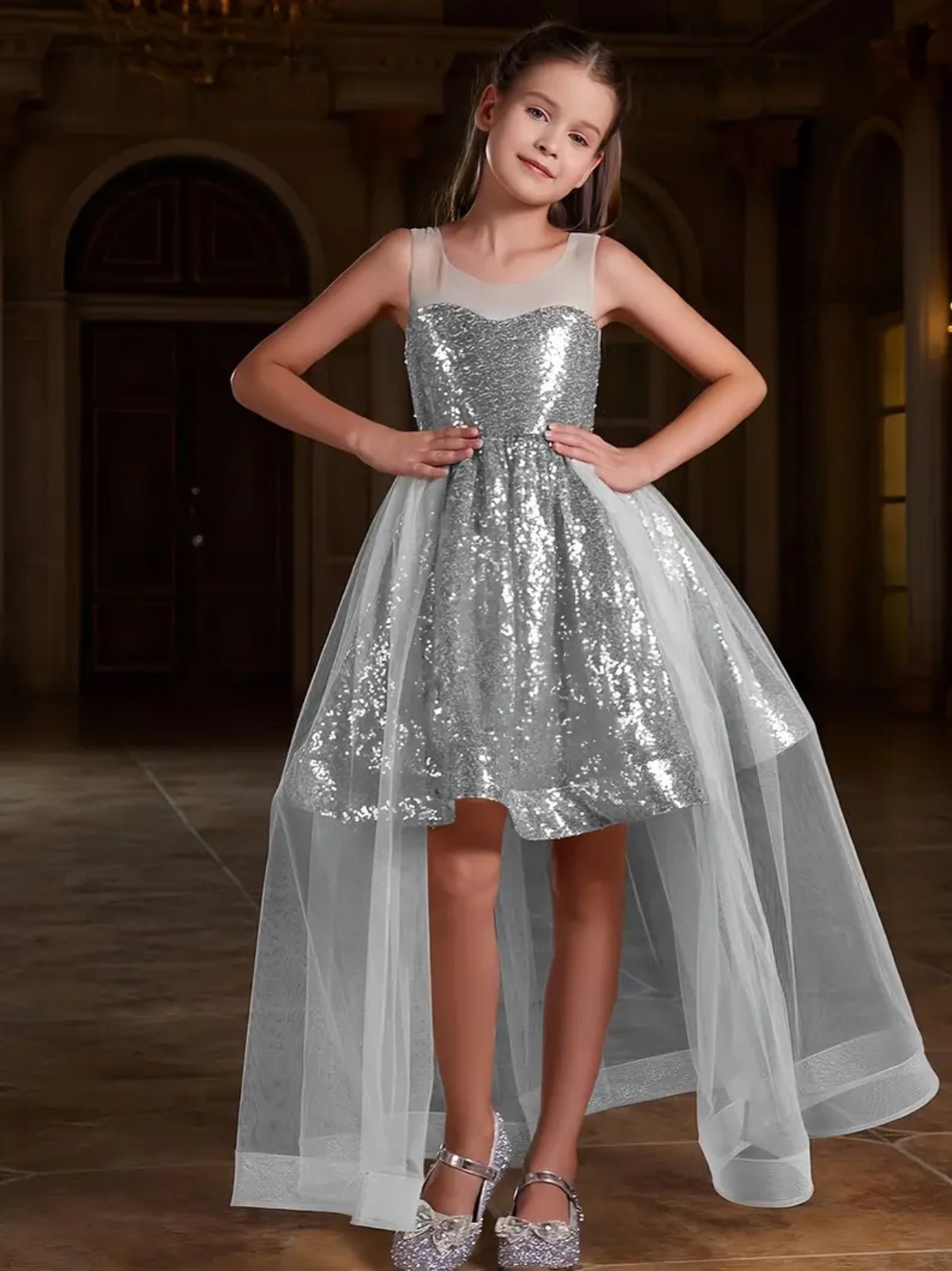 Girls' Sparkling Sequin Dress With Tulle Overlay, Long Formal Gown