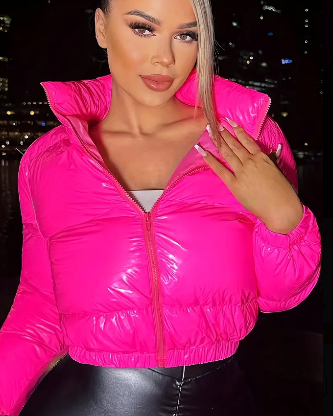 “Pink Vibes” Stand Neck Long Sleeve Crop Cotton-padded Jacket Coat, Zipper Front