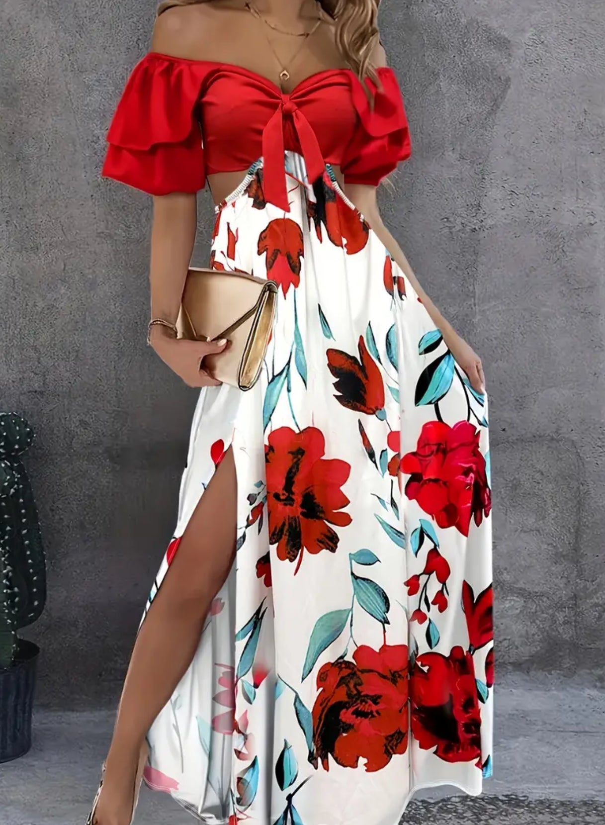 “Rosas” Sexy Off Shoulder Cut Out Back Split Dress