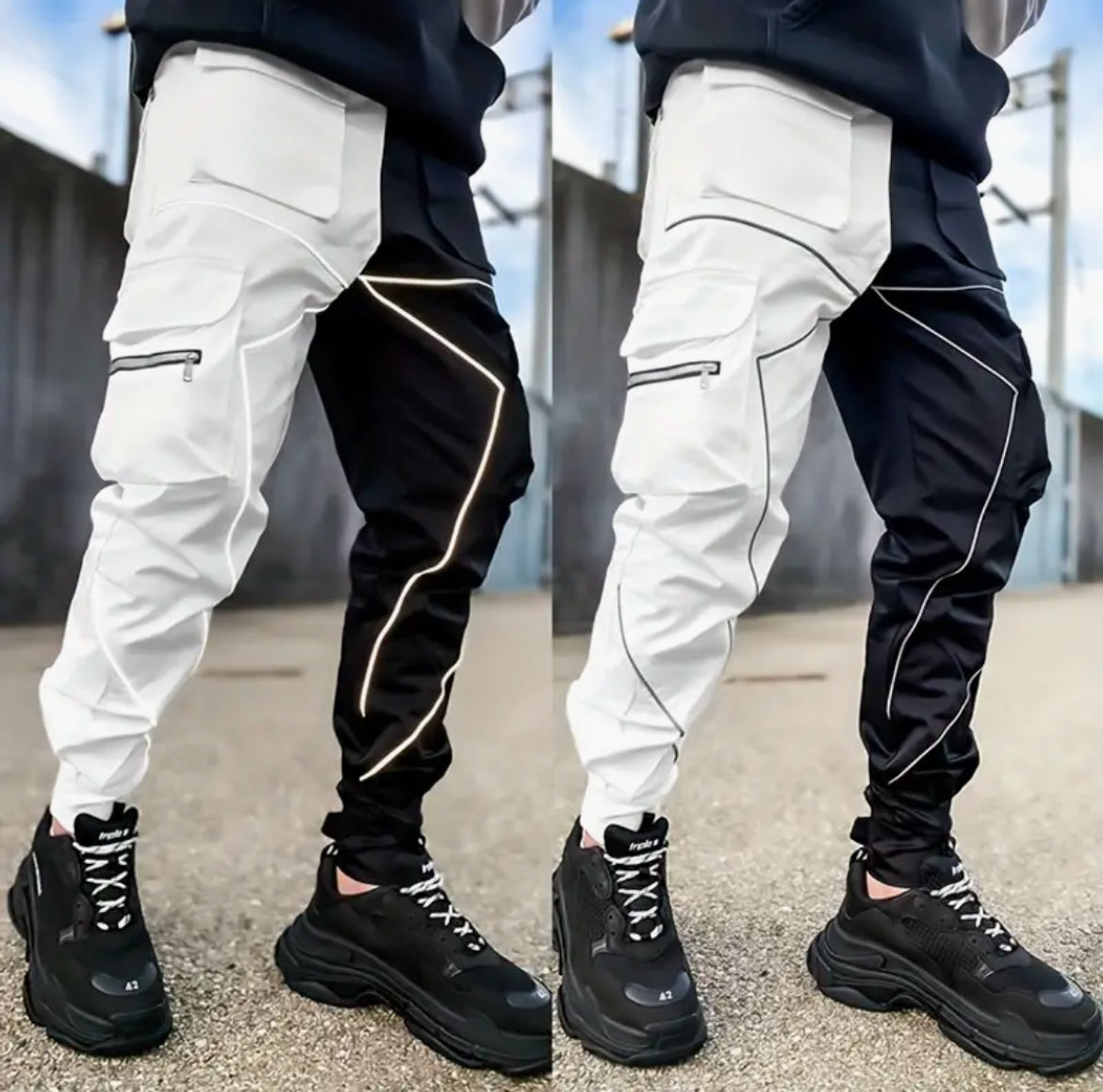 Men's Cargo Pants - Loose Straight Sports Joggers with Multi Pockets & Reflective Details