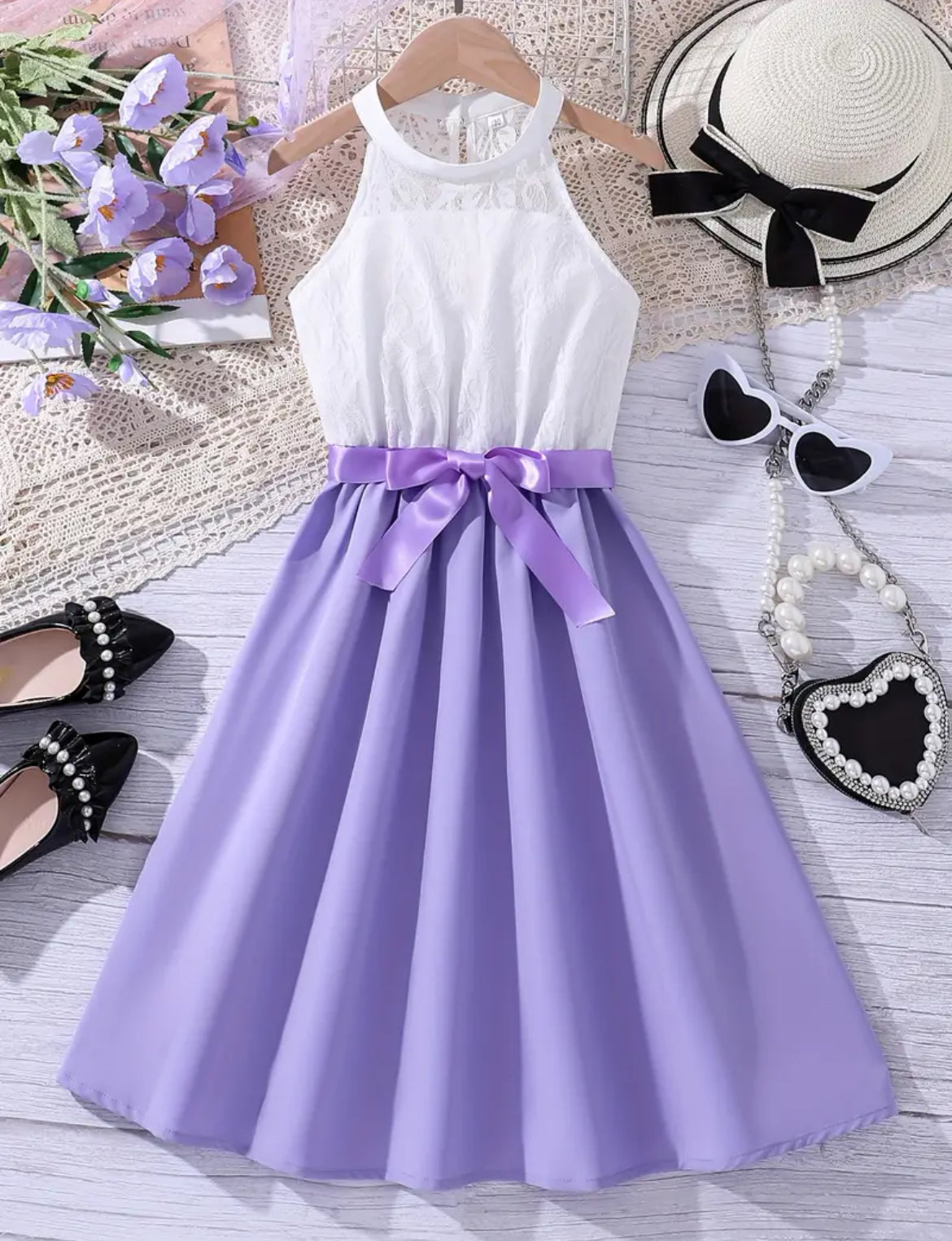 Elegant Girls Halter Neck Sleeveless Dress With Bow Belt