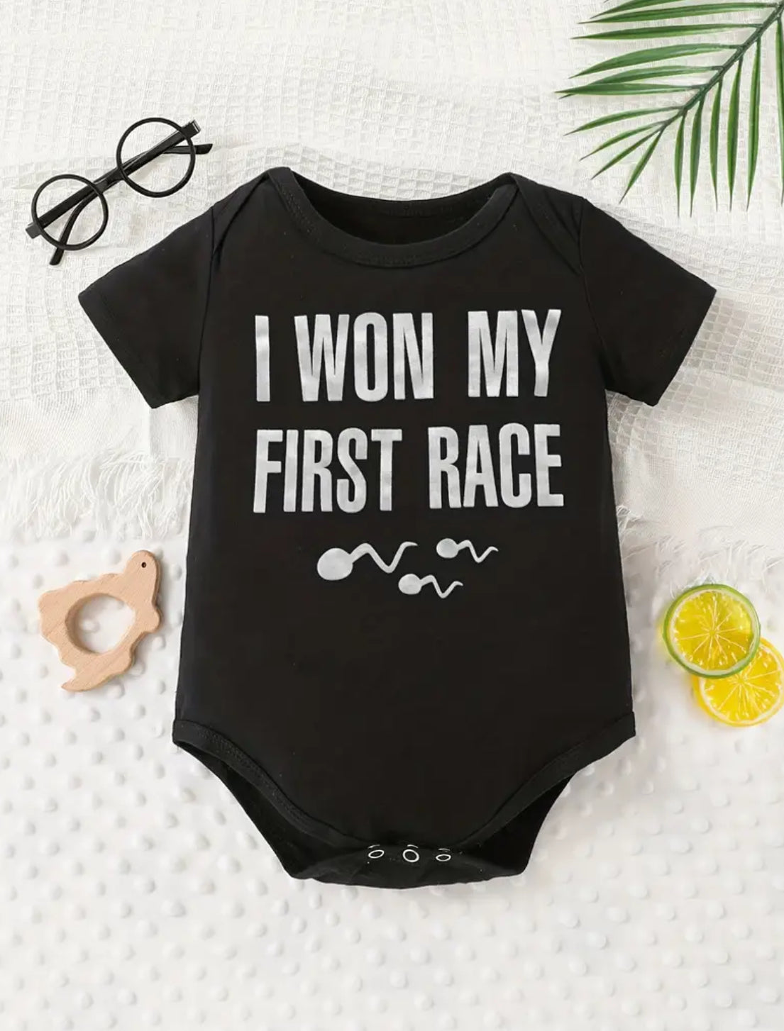 “I Won My First Race” Little Swimmers, Boys + Girls Short Sleeve Onesie