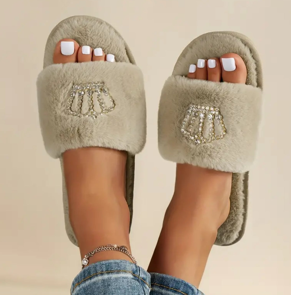 Cozy & Fuzzy “Rhinestone Crown Plush Slippers” Open Toe Soft Sole