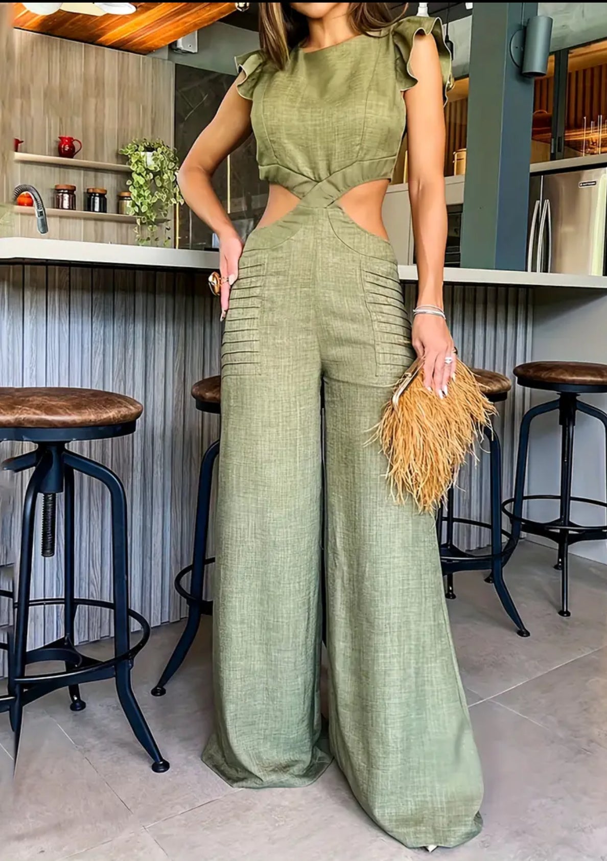 “Sage” Ruffle Trim, Elegant Wide Leg Jumpsuit