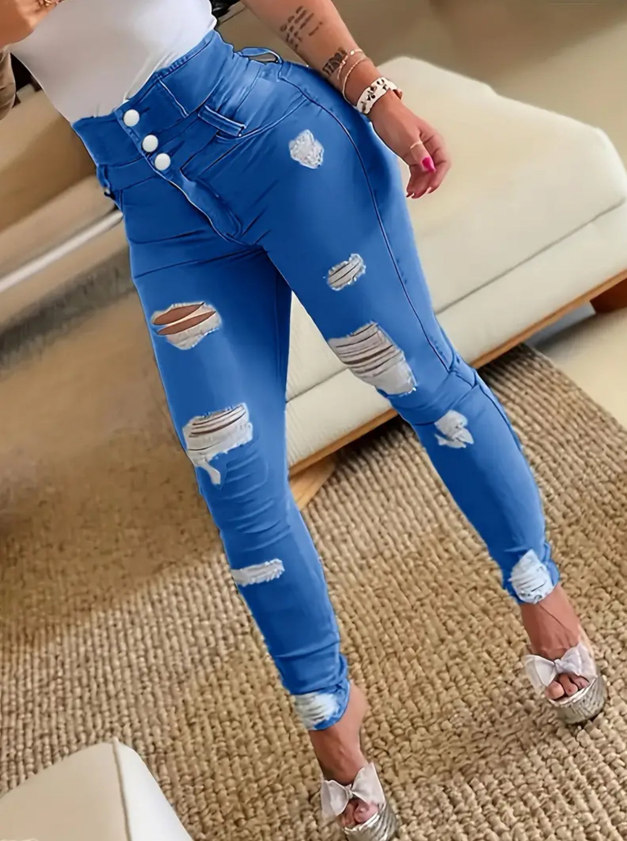 Posh 💋 Ripped Casual Skinny Jeans, Distressed Single-Breasted Button High Waist Denim Pants