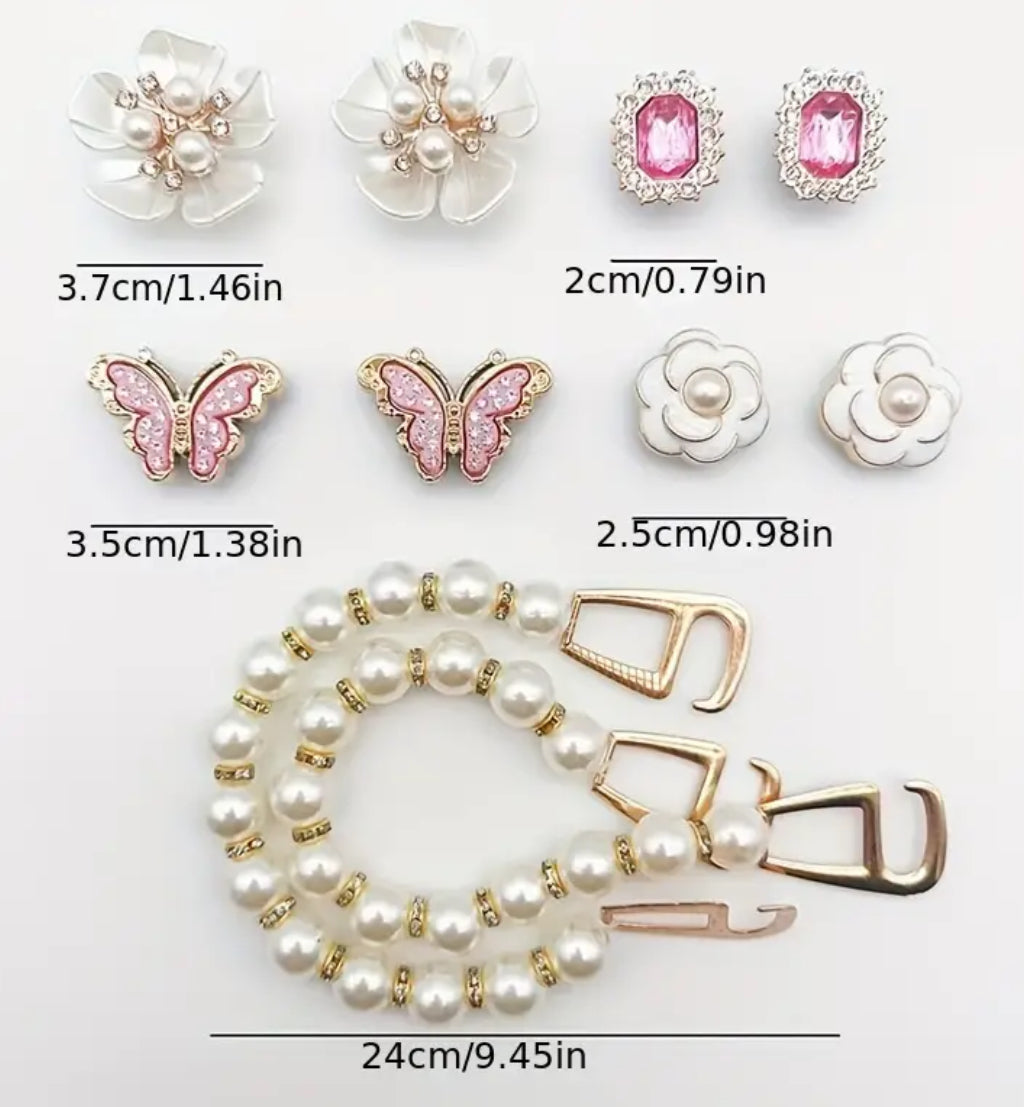 Detachable “Pearls 🌸Flower & Butterfly” Designs for Crocs & Sandals - Sparkling 10 pcs