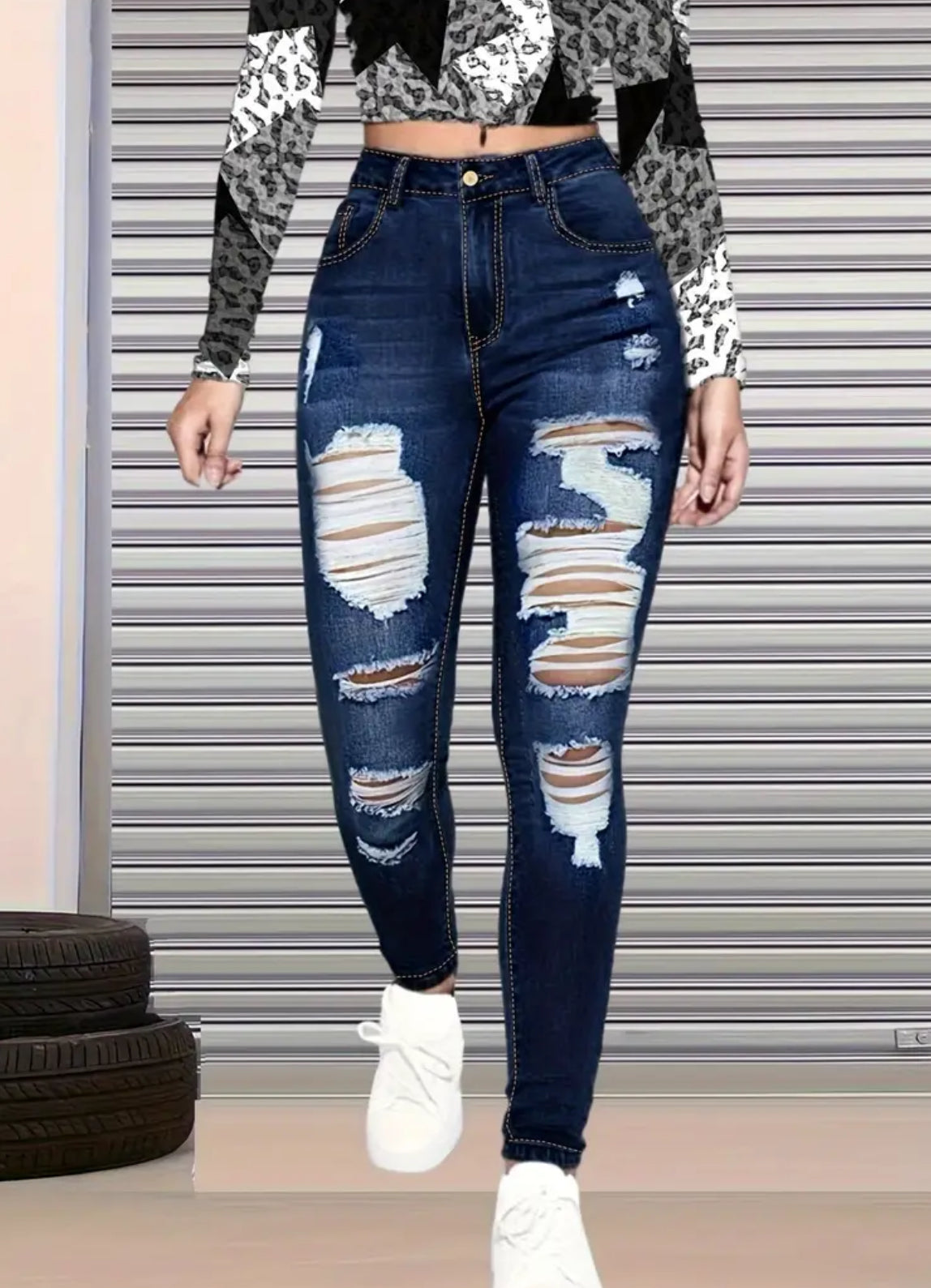 Slim Fit, High Stretch, Tight Jeans, Ripped Casual Skinny