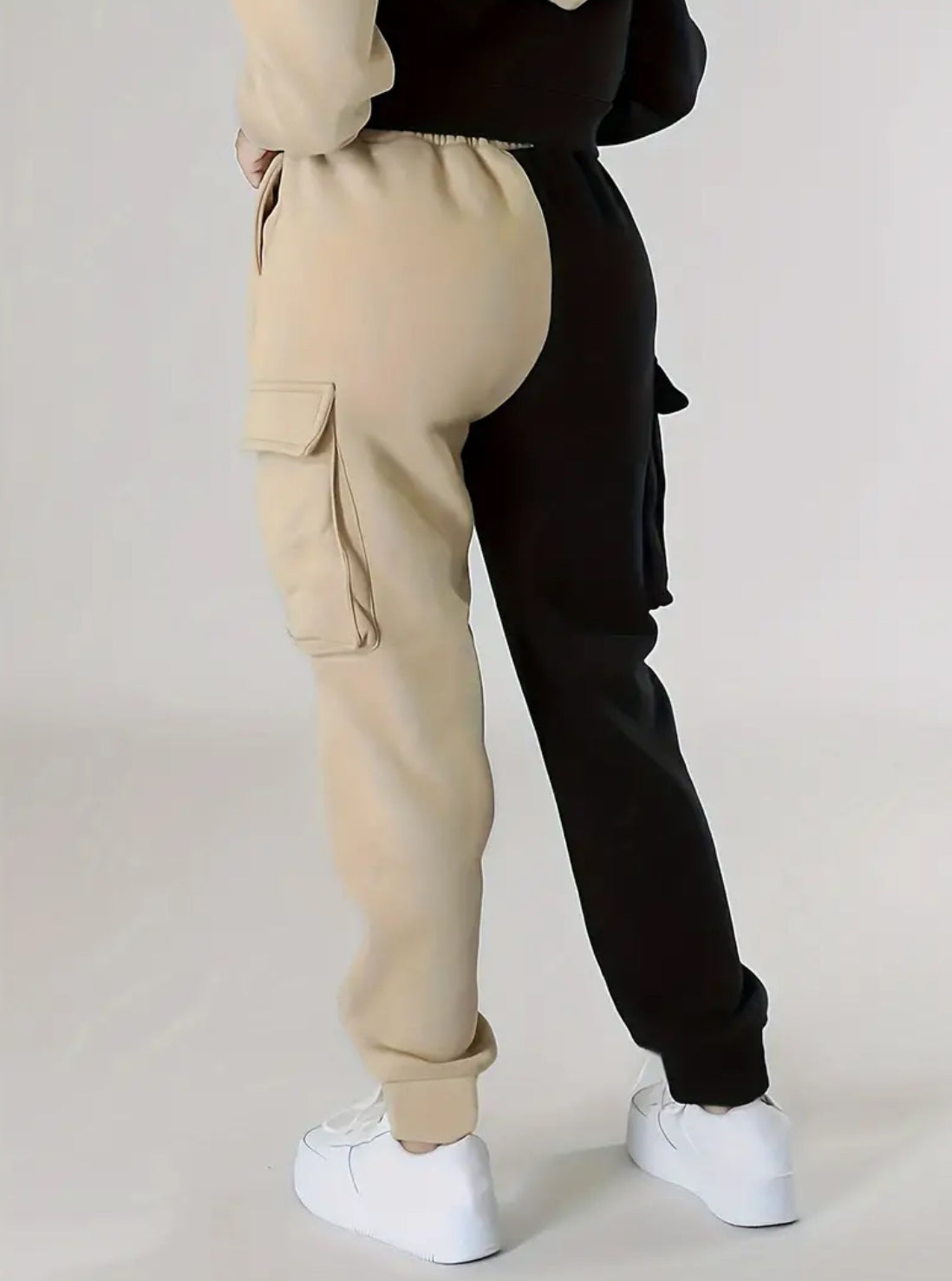 “Gemini” Casual Drawstring Pants Set, Flap Pockets, Color Block Cargo Pants