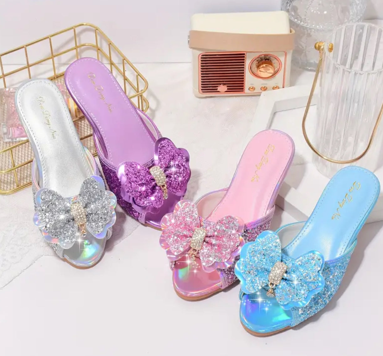 Shiny Bowknot Sequin High-heeled Slipper Outdoor Sandals