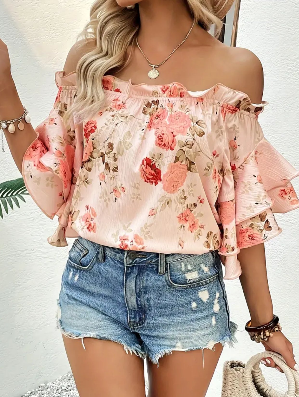 Women's Floral Off Shoulder Blouse - Casual Ruffle Sleeve Top for Spring & Summer