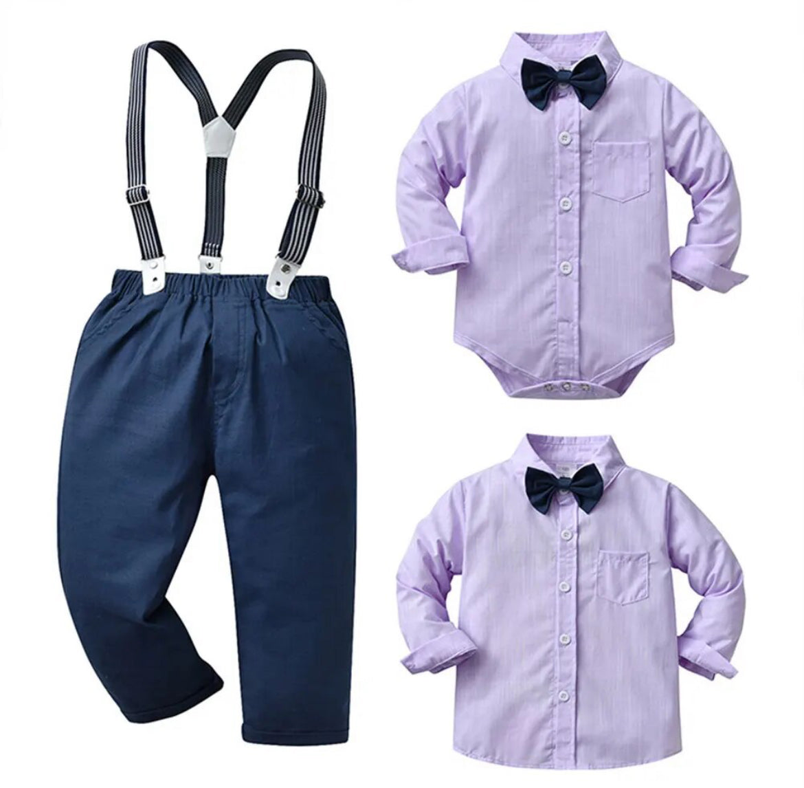 Baby Boys Gentleman Outfit Suit,  Long Sleeve, Suspenders Pants Bow Tie Clothes Set