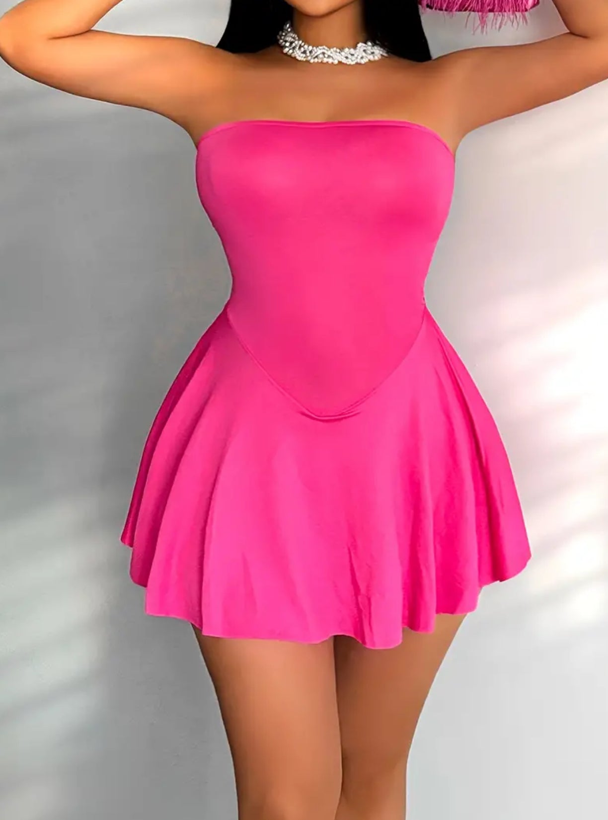 “Flirty” Backless Bandeau Mini Dress - High Elasticity, Sleeveless, Flared Hem, Fit and Flare Silhouette