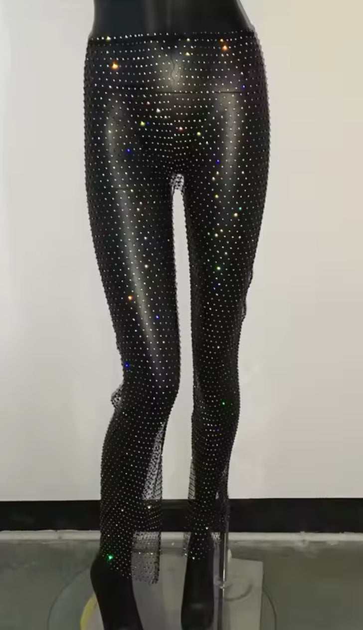 “TAO Rhinestones” Sexy Fishnet Sparkling ClubWear Pants, See Through, Wide Leg