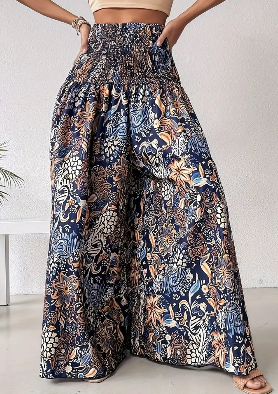 “Boho Floral” Shirred Waist, Floor Length, Wide Leg Pants 🔹