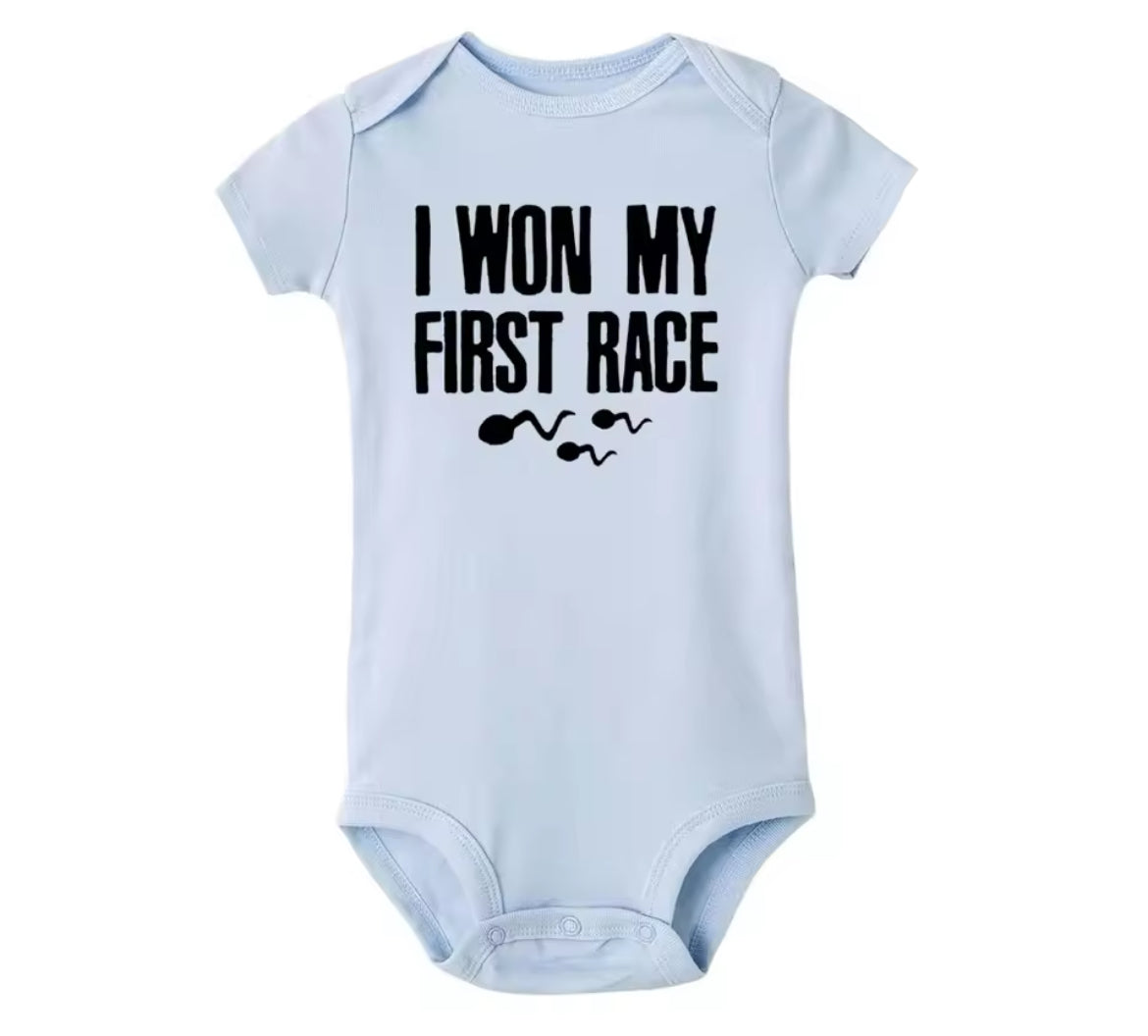 “I Won My First Race” Little Swimmers, Boys + Girls Onesie