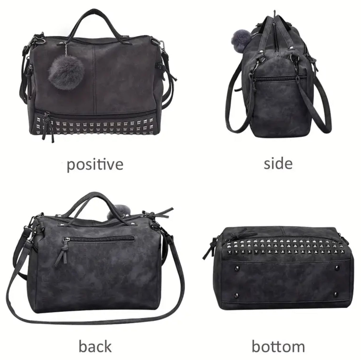 “Edgy Studded Punk” Shoulder Bag, Casual Hobo Satchel Purse