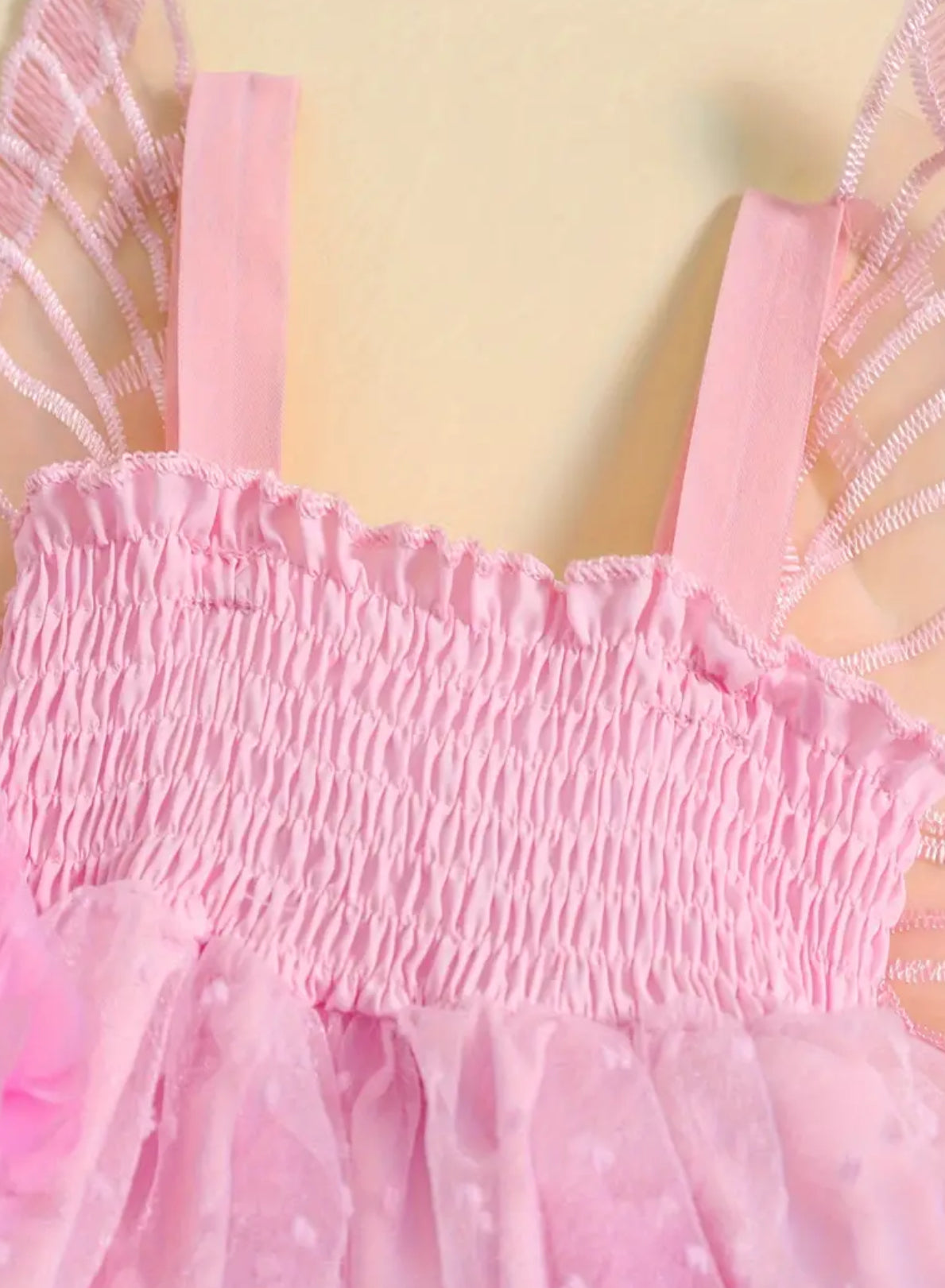 “Pink Butterfly Wings” Decor Dress, Shirred Mesh Design Cami Bodysuit