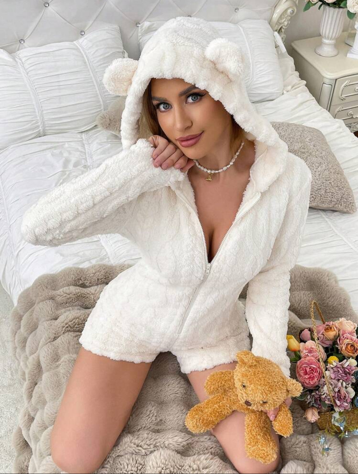 “Baby Bear” Romper, Shaped Hooded Bear 🐻 Embroidered Plush Pajama, Women