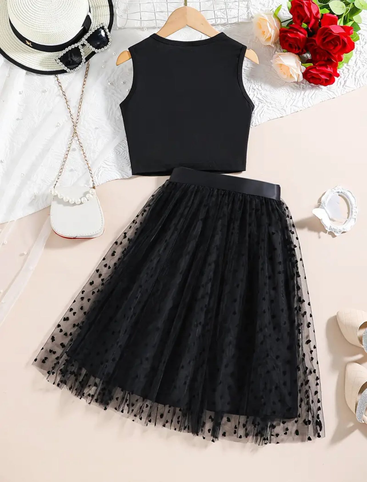 Conjunto elegante de falda de malla con tutú