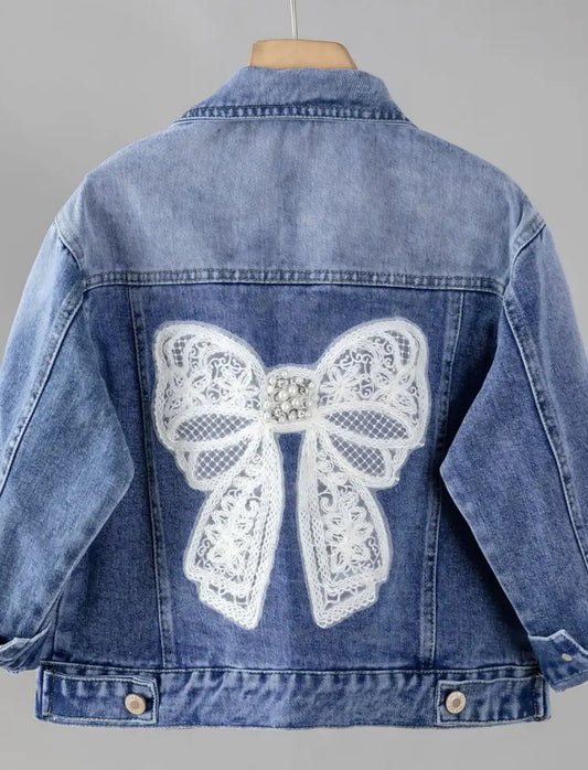 1pc Girls' 🩵 Denim Jacket with Lace Bow Pears & Rhinestones Detail, Casual Style, Button-Up, Collared