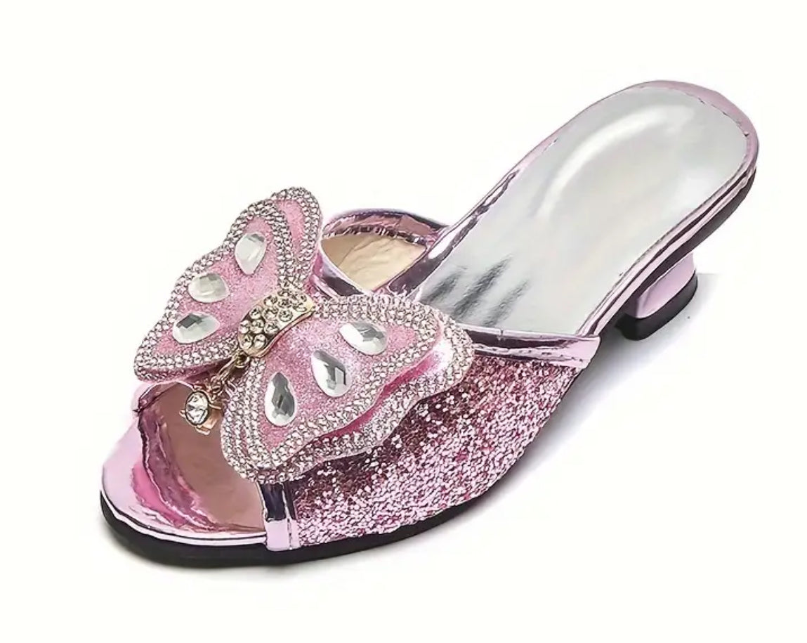 Zapatos de tacón alto sin cordones con diseño de mariposas y diamantes de imitación para niñas